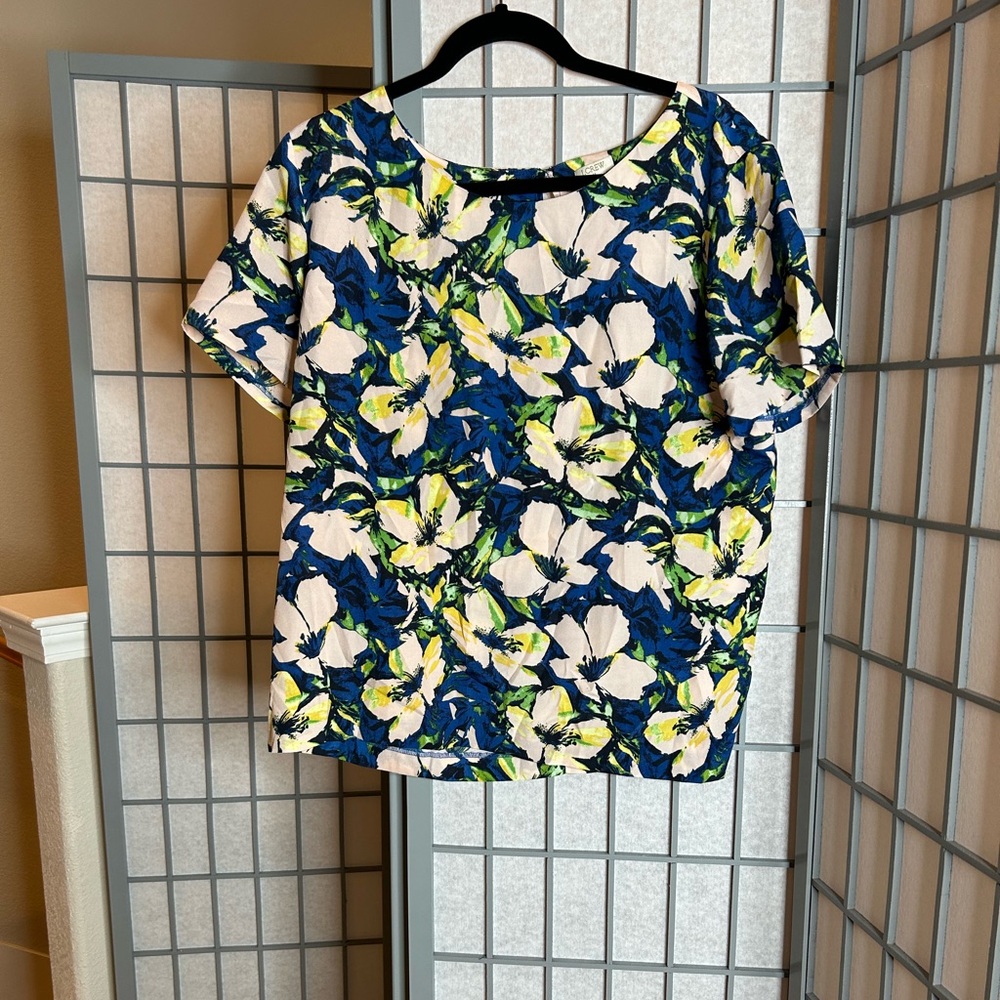 J. Crew Floral Print Short Sleeve Blouse - Blue and Yellow